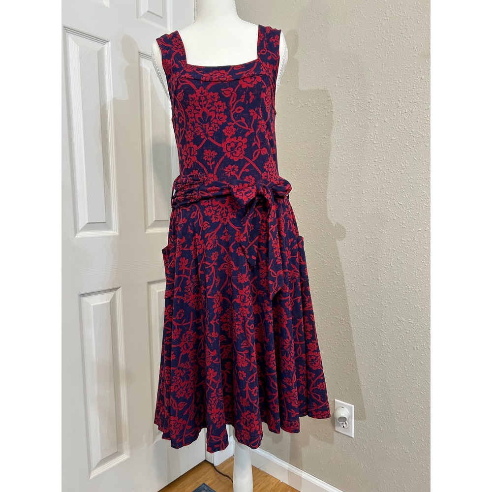 Effies Heart Retro Vintage Rockabilly Red Blue Floral Dress Waist Tie Size M